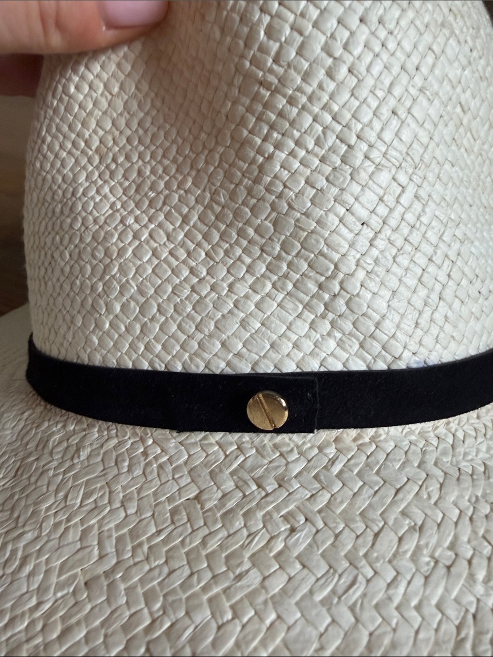 Janessa Leone Lyra Wide Brim Straw Fedora Hat with Black Band size M - Picture 8 of 9